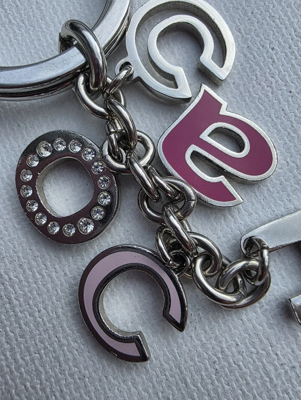 Y2K Coach Silver Key Ring with Pink Letter Charm Rhinestone Enamel